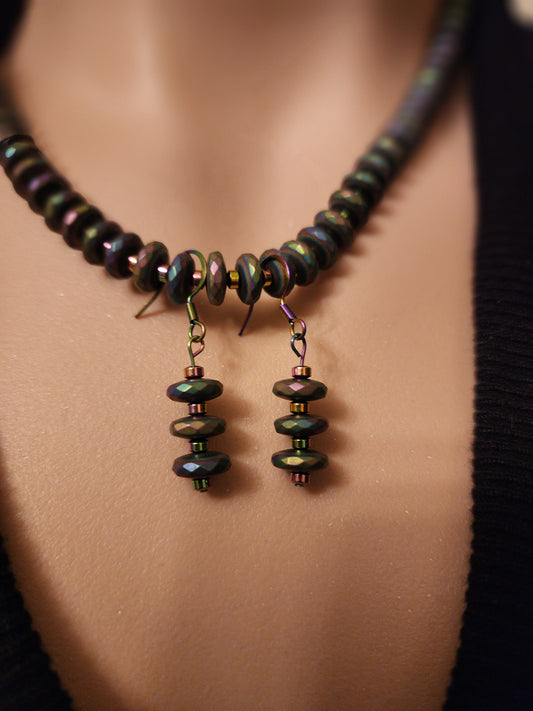 Obsidian Sparks Hematite Necklace & Earrings
